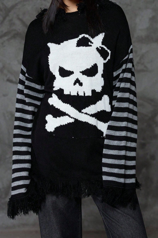Y2K Skull Striped Knit Hoodie