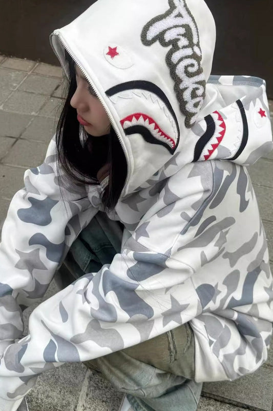 Retro Camo Double Hoodie Zip-Up Hoodie