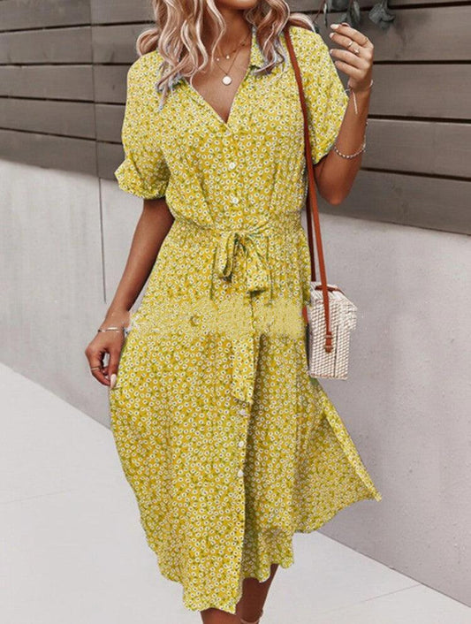 2021 New Floral Print Lapel Button Knotted Short Sleeve Dress - Trendha