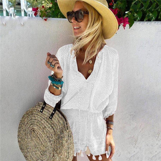 Women's Printed Dress V Neck Elastic Waist Fringed Beach Dress - Trendha