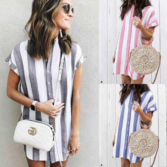 Casual Striped Loose Short Sleeve Shirt Dress