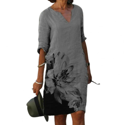 Printed Casual Loose Waist Mid-skirt Dress - Trendha