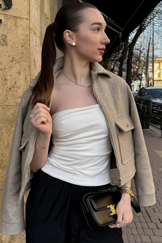 Zipper Pocket Lapel Short Jacket