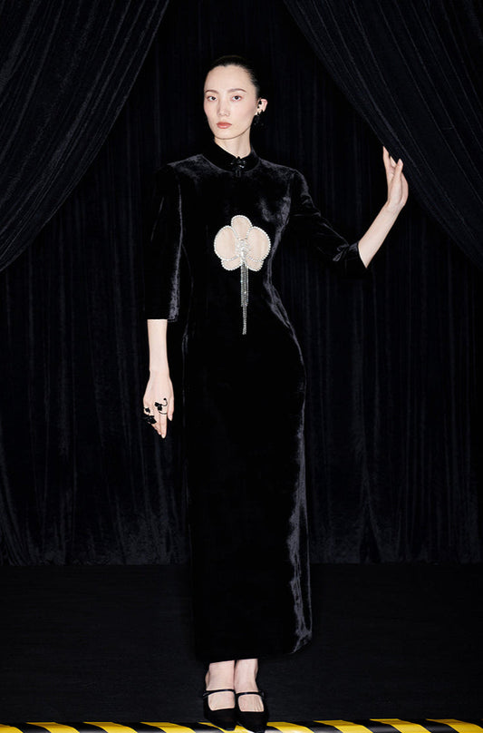 M essential Mackay designer silk-velvet workshop patchwork tasseled beaded dress - no1