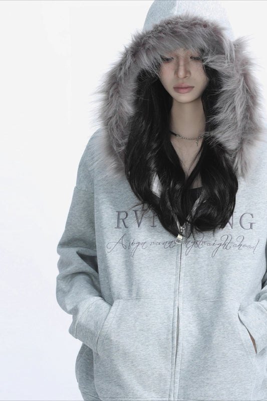 Fur Collar Oversized Zip Hoodie