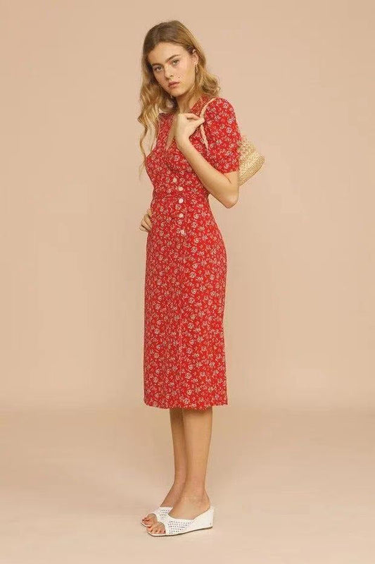 Elegant Vintage Print Midi Floral Dress