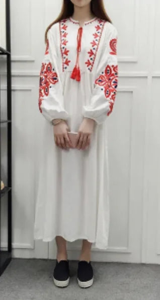 FashionSierra - 2025 Cotton Linen Embroidery A Neck Ruffle Sleeve Boho Dress