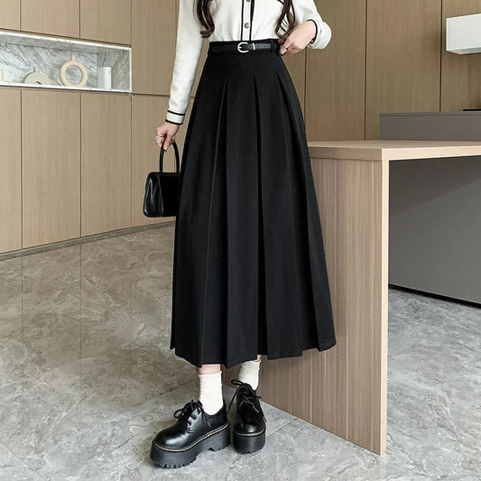 FashionSierra - 2025 New Autumn Winter Woolen Women Long High Waist A-line Pleated Korean Style Ladeis Wool Midi Skirt