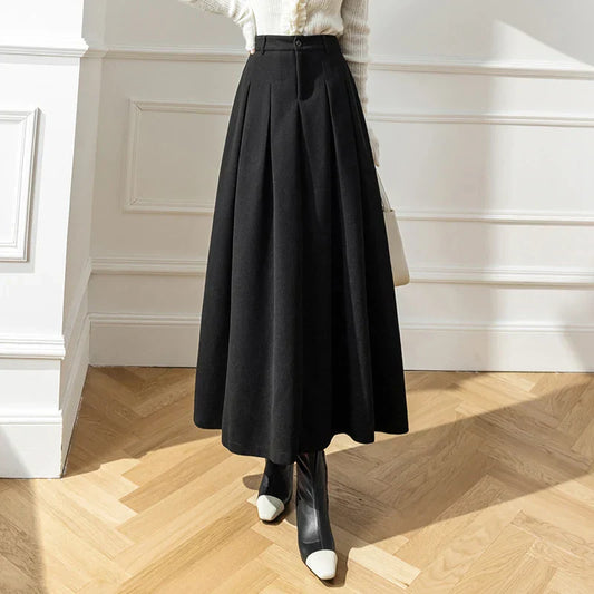 FashionSierra - 2025 New Winter Woolen Long Womens Fashion High Waist Ball Gown Pleated Korean Style Ladies Wool Skirt