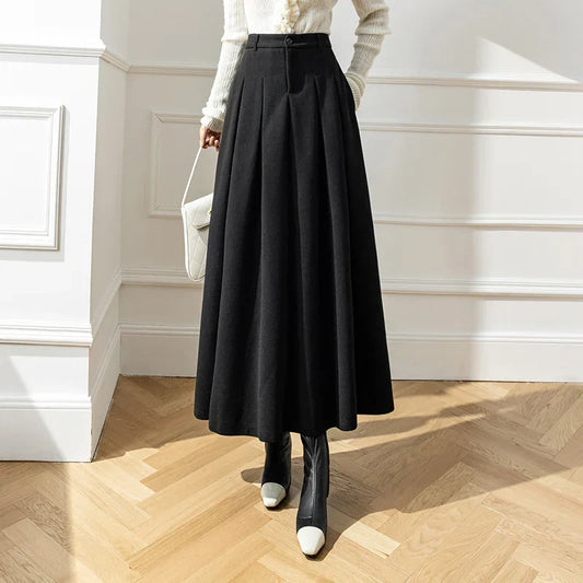 FashionSierra - 2025 New Winter Woolen Long Womens Fashion High Waist Ball Gown Pleated Korean Style Ladies Wool Skirt