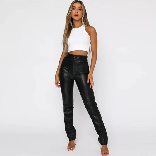 2025 New Women's High Waist PU Imitation Leather Straight Leg Leather Pants Loose Fashion Casual Pants Brown/Black