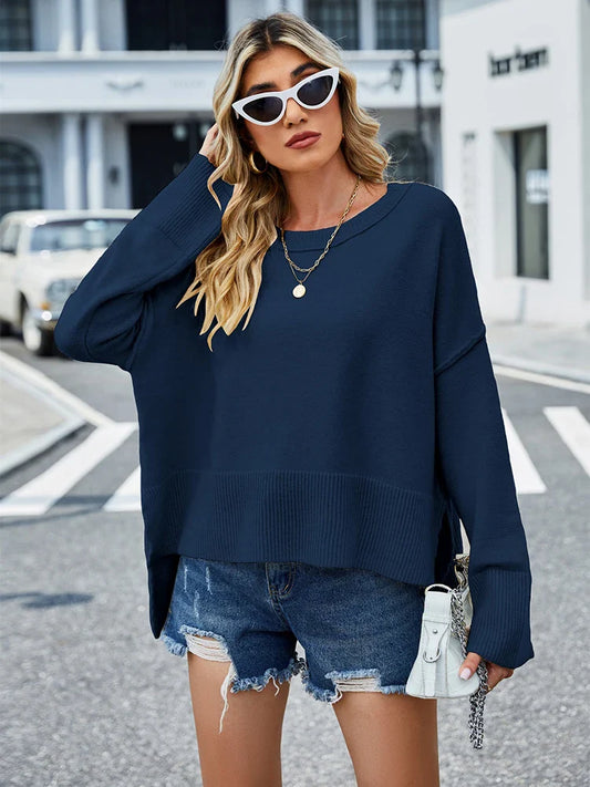 2025 Winter New Round Neck Women's Christmas Bell Sleeve Solid Color Casual Pullover Sweater