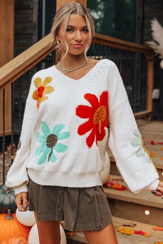 2025 Autumn New V-neck Casual All-match Floral Print Warm Knitted Sweater
