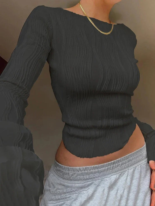 FashionSierra - 2025 Ruched Long Sleeve T Shirts White Skinny Black Basic Tee Fashion Street Cropped Top Y2K Sweater
