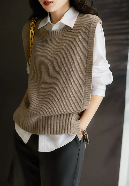 2025 Spring And Autumn New Round Neck Solid Color Side Button Anti-Pilling Women's Slim Vest Sweater