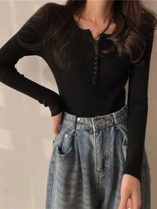FashionSierra Basic Primer Button Chic Soft Slim Knitted Autumn Women's 2025 Sweater