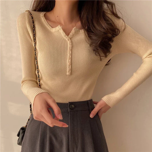 FashionSierra Basic Primer Button Chic Soft Slim Knitted Autumn Women's 2025 Sweater