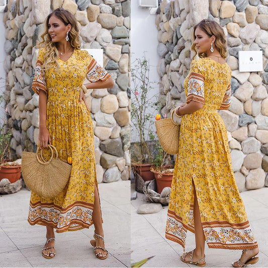 Beach skirt V-neck print long dress - Trendha