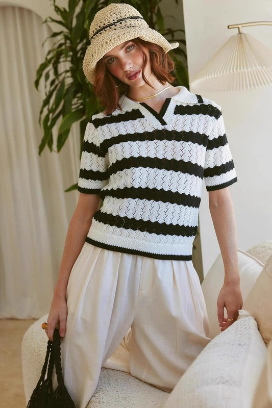Striped Polo Short Sleeve Sweater