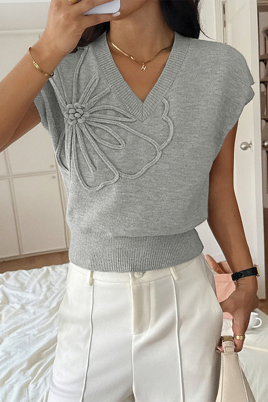 Deep V Solid Knit Short Sleeve Sweater
