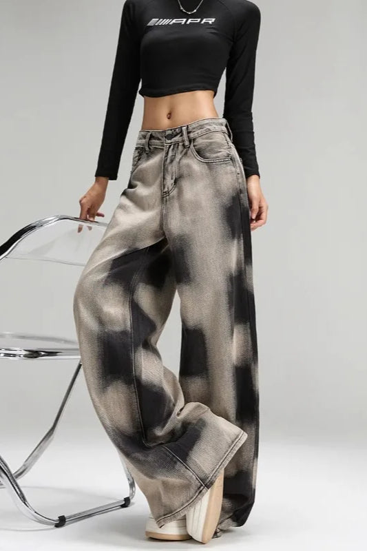 Vintage Grey Tie Dye Wide Leg Jeans