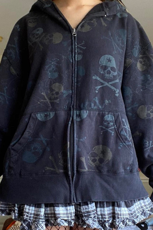Halloween Skull Print Zip Up Hoodie