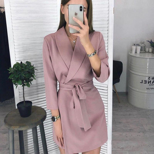 Women's solid color suit collar belt temperament short dress - Trendha