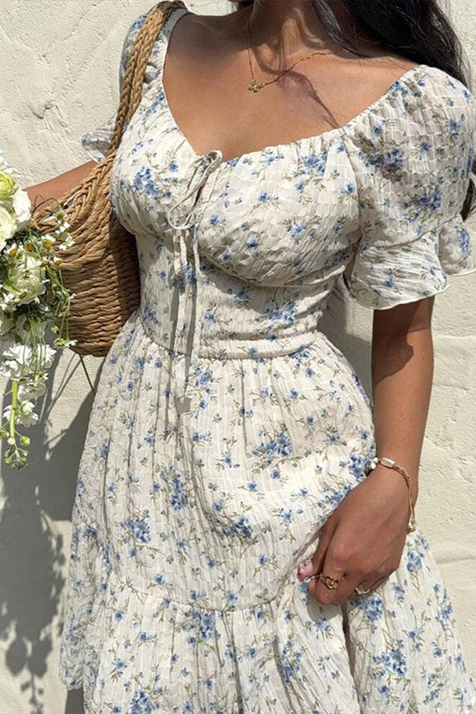 Lace-Up V-Neck Backless Floral Dress