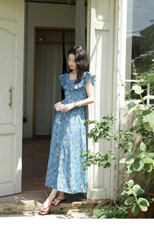 V-Neck Ruffled Midi Floral Dress