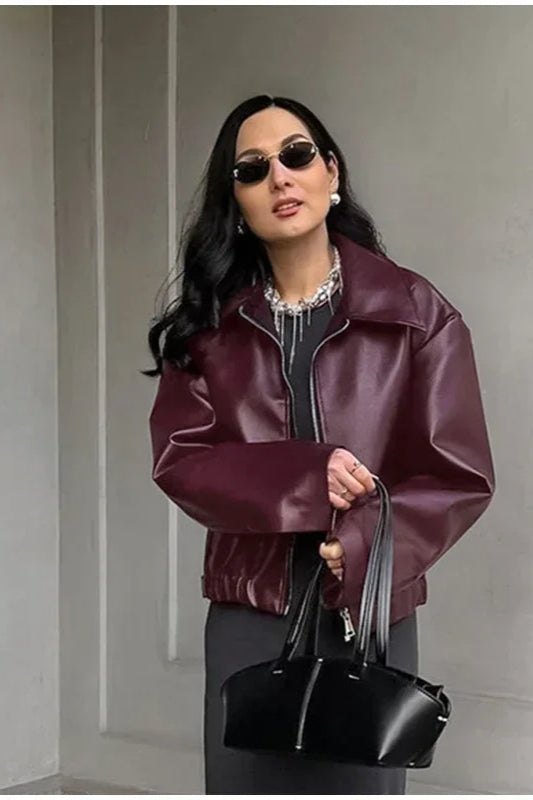 Burgundy Lapel Zip Leather Jacket