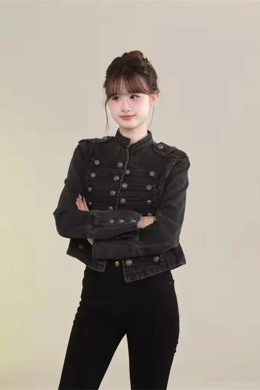 Cropped Denim Military Jacket