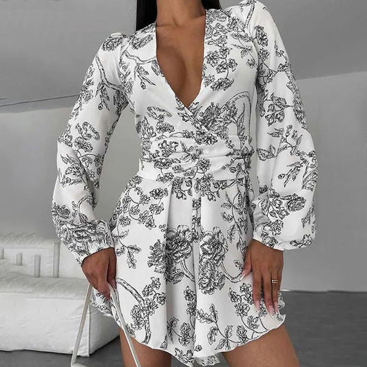 Women's Sexy V-neck Printed Lantern Sleeve Waist-tight Dress