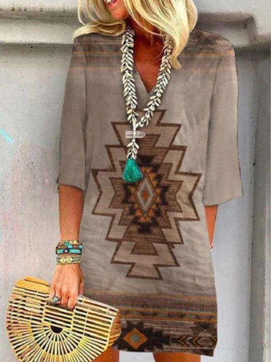 Women's Loose V-Neck Printed Short Sleeve Dress - Trendha