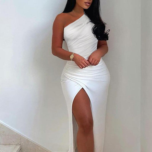 Women's Off-shoulder Pleated Slit Solid Color Dress - Trendha