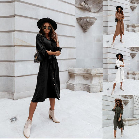 Round sleeve V-neck Button Waist lace up dress