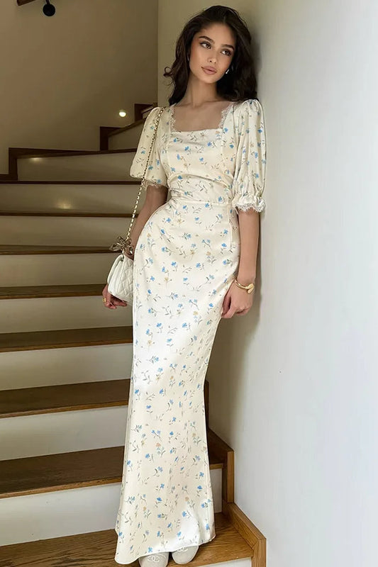 Satin Puff Sleeve Floral Dress