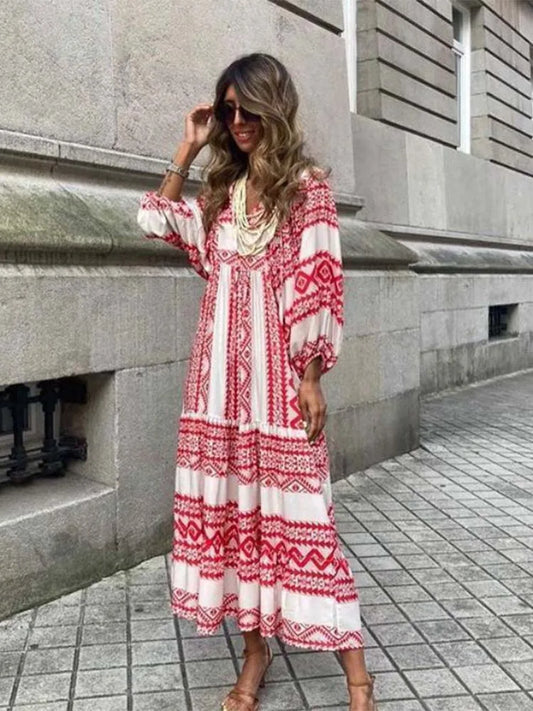 FashionSierra - 2025 Half Bubble Sleeves V-Neck Fashion Print Boho Dress