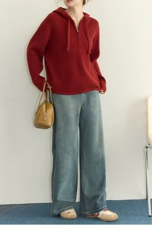 Drawstring Hooded Knit Sweater