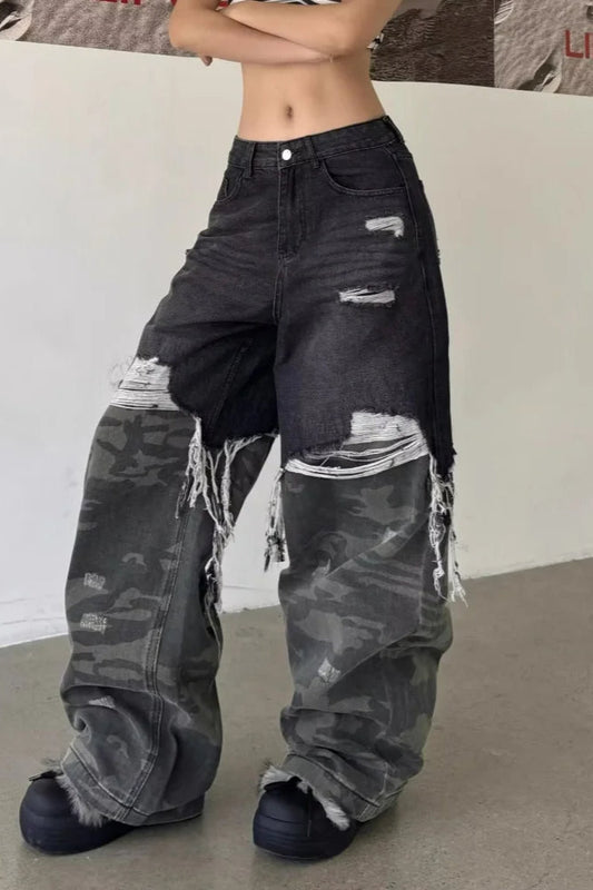 Camouflage Patchwork Baggy Wide-Leg Jeans