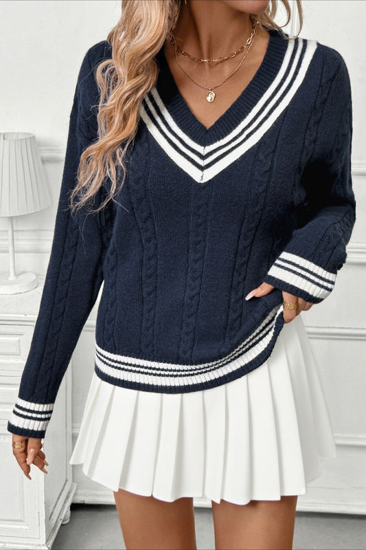 Contrast V-Neck Cable Knit Sweater
