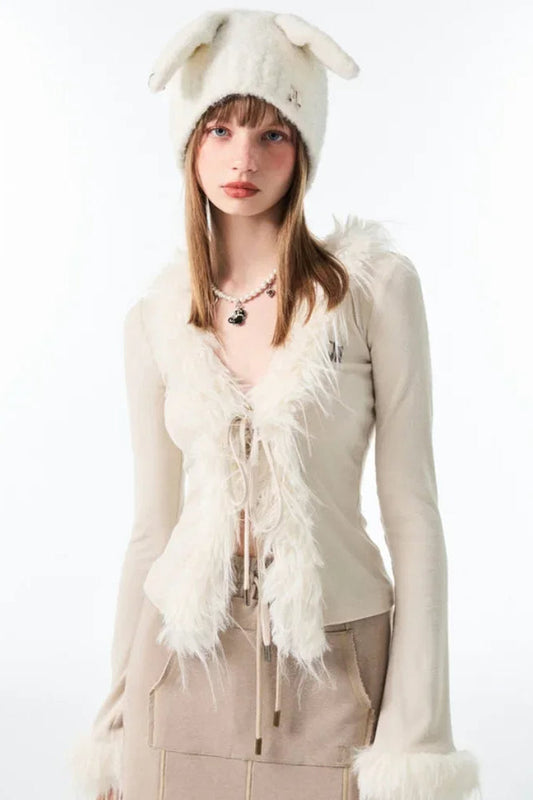 Lace-Up V Neck Plush Cardigan