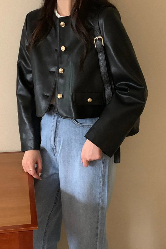 Retro O-Neck PU Leather Jacket