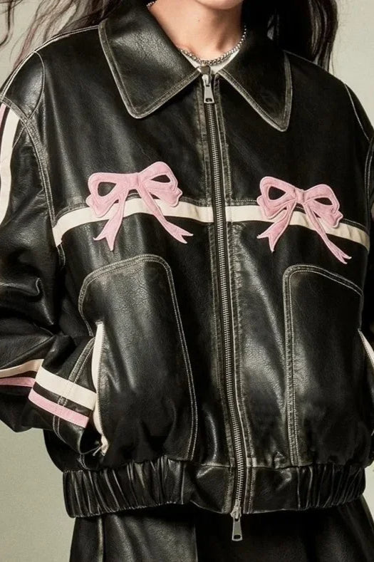 Vintage Faux Leather Bow Jacket