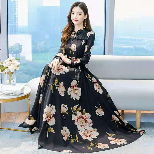 Women's Long-sleeved Waist Slimming Printed Dress - Trendha