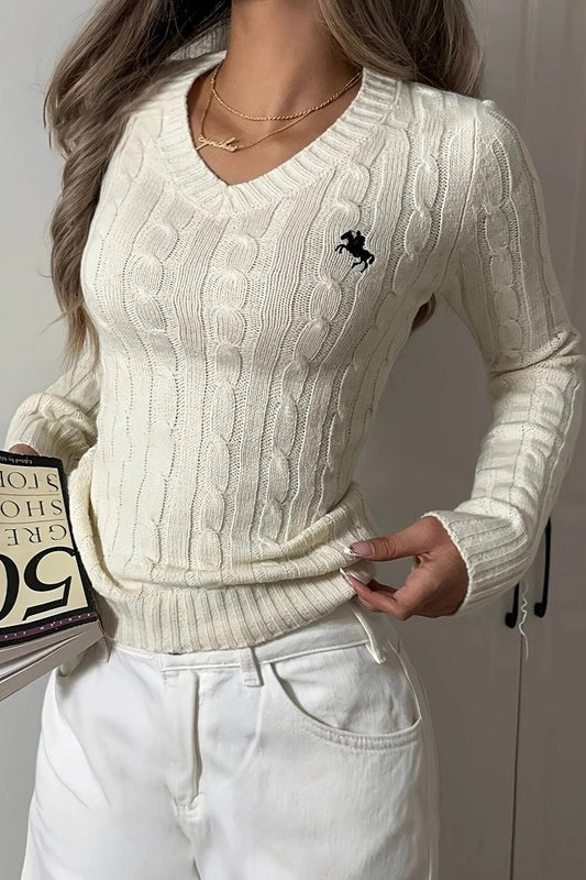 Embroidered Cable Knit V Neck Sweater