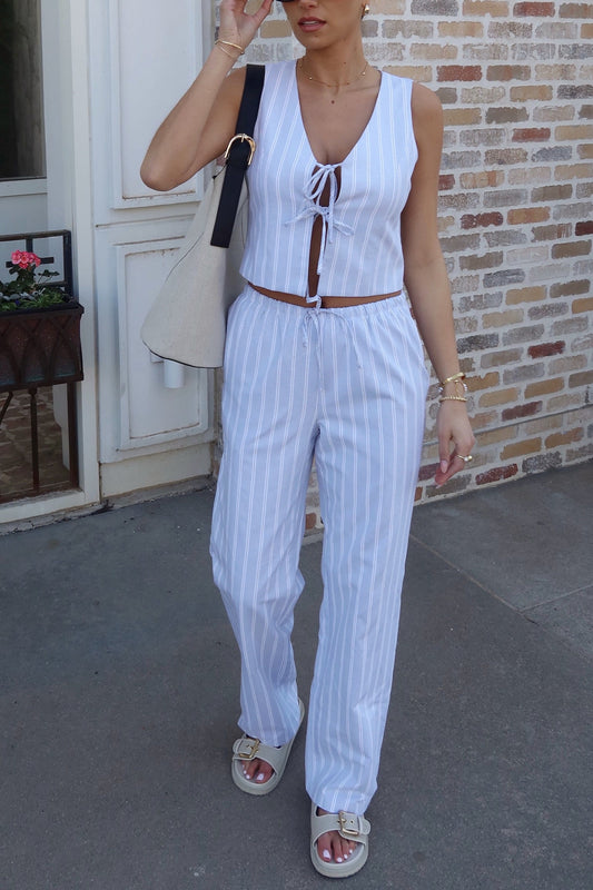 Della Dusty Blue Striped Tie Top