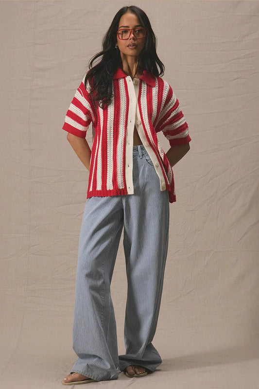 Color Block Striped Polo Sweater