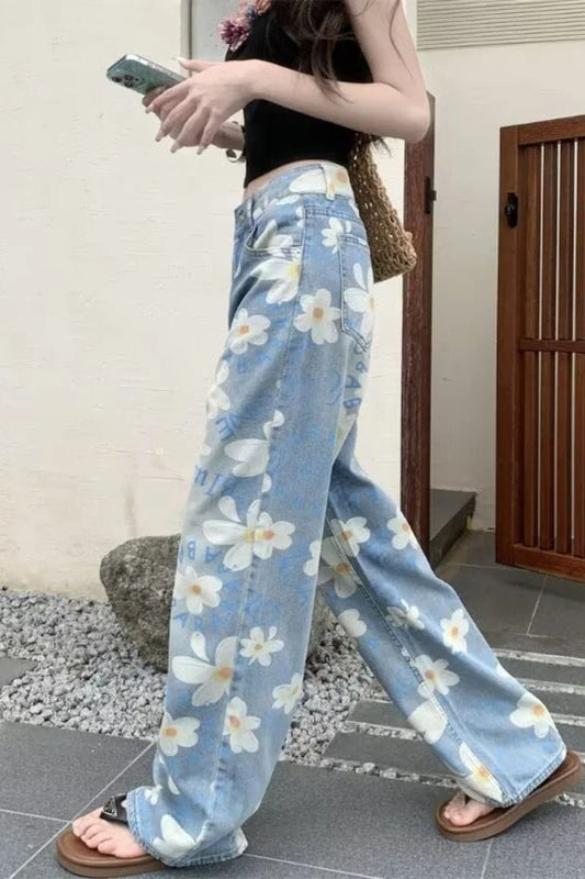 Washed Floral Print Baggy Jeans