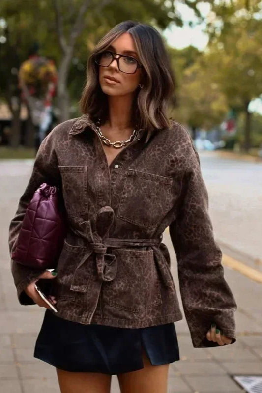 Leopard Lapel Belted Jacket