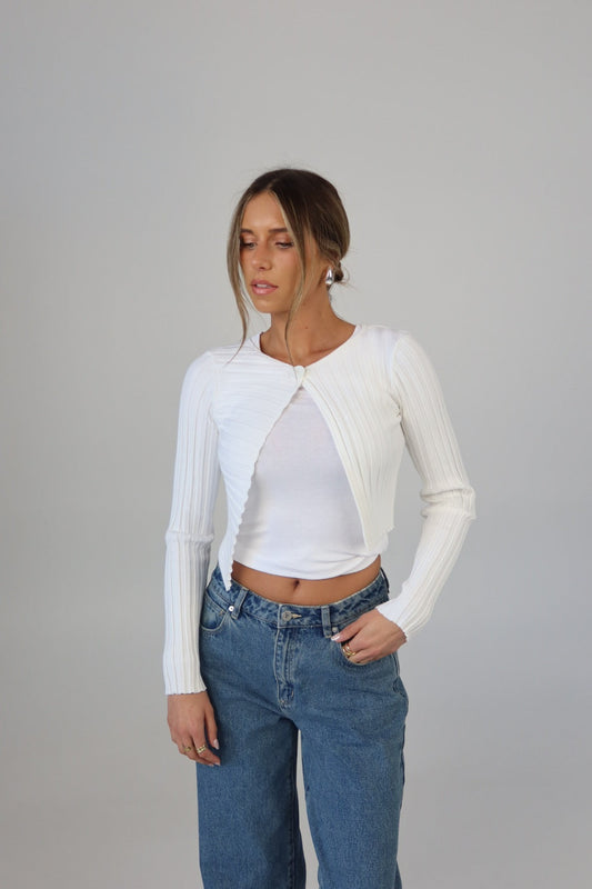 Chic One-Button Cropped Cardigan in White